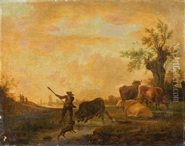 Paysage Avec Troupeau Et Taureau Furieux Oil Painting - Balthasar Paul Ommeganck