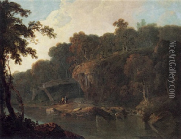 River Landscape With Figures Before A Waterfall Oil Painting - George Barret