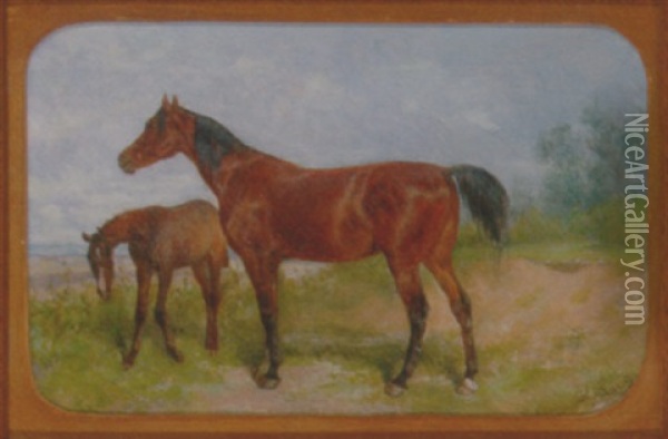 A Mare And Foal In A Landscape Oil Painting - Heinrich Lang