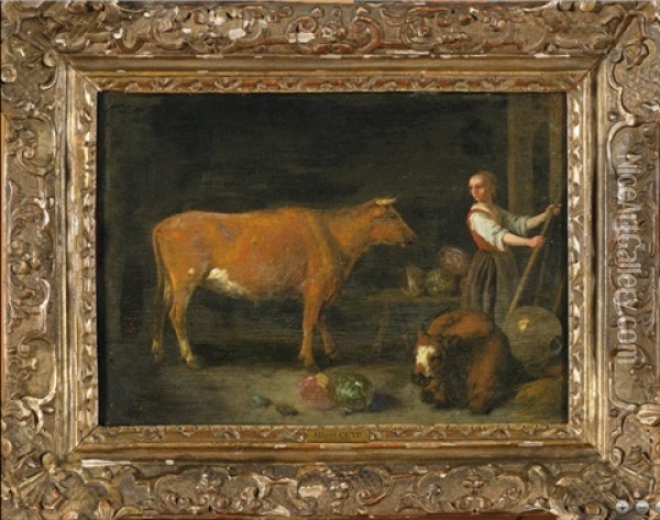 Jeune Fermiere, Vache Et Veau A L
