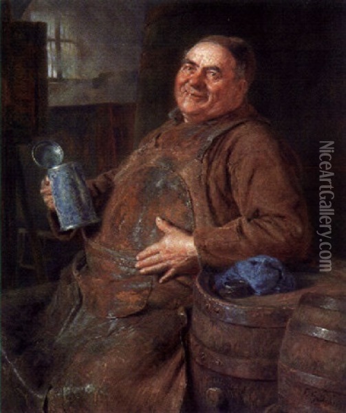 Klosterbraumeister Im Keller Zwischen Fassern, Einen Bierkrug Haltend Oil Painting - Eduard von Gruetzner