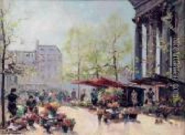 Le Marche Aux Fleurs, Place De La Madeleine Oil Painting - Georges Lapchine