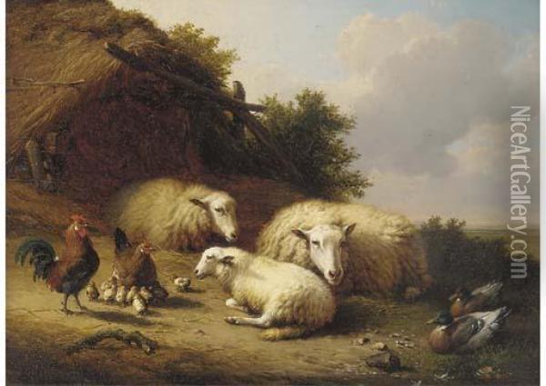 Sheep, Ducks And Chickens In A Landscape Oil Painting - Eugene Joseph Verboeckhoven