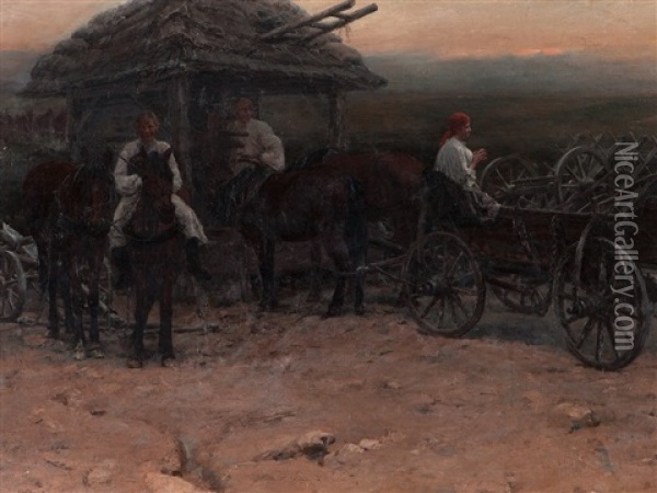 Gypsies With Horses Oil Painting - Jaroslav Friedrich Julius Vesin