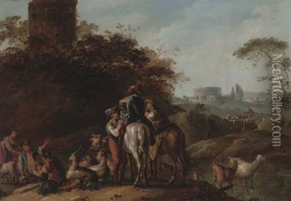 An Italianate Landscape With Travellers Resting With Herdsmen By A Tower Oil Painting - Johann Conrad Seekatz