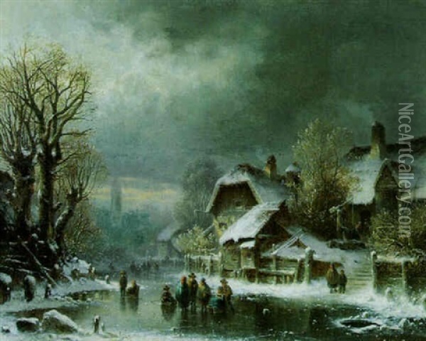 Winterlandschaft Mit Dorf Und Schlittschuhlauferin Oil Painting - Anton Doll