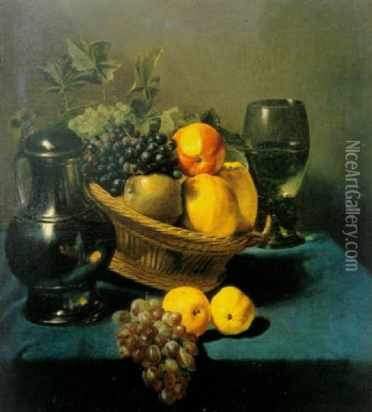 A Still Life Of A Basket Of Fruit, A Pewter Tankard, A Glass Roemer, Grapes And Apples, All Resting On A Table Oil Painting - Judith Leyster