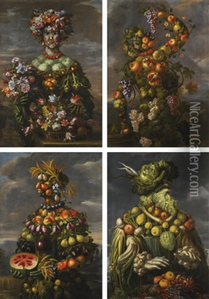 The Four Seasons: Four Anthropomorphic Figures Oil Painting - Giovanni Stanchi