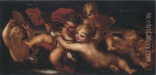 An Allegory Of Music, With Putti Playing Music (an Overdoor) Oil Painting - Paolo Girolamo Piola