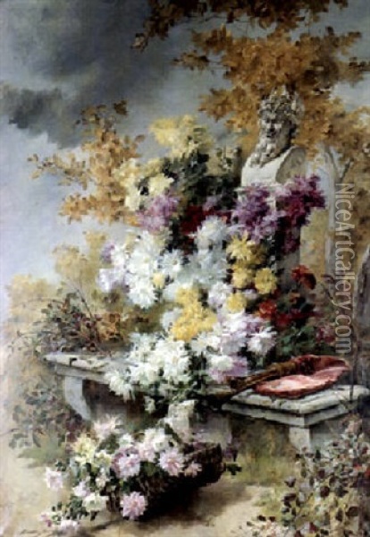 Dahlias With A Bust Of Pan In A Garden Oil Painting - Madeleine Jeanne Lemaire