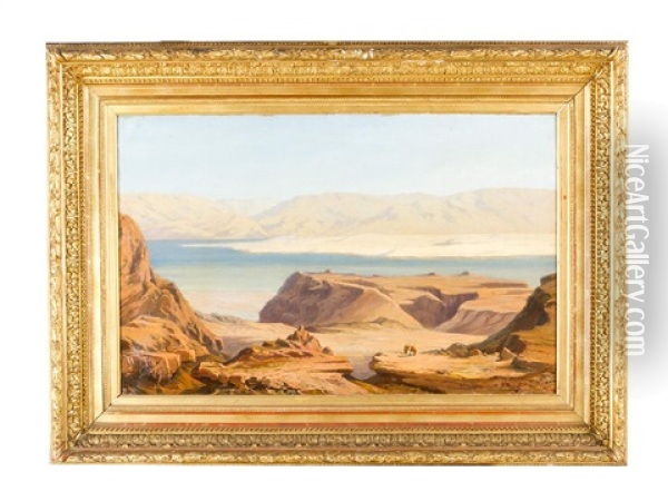 View Of The Dead Sea With Two Beduins, Mount Masada And The Judean Desert Oil Painting - Silvio Poma