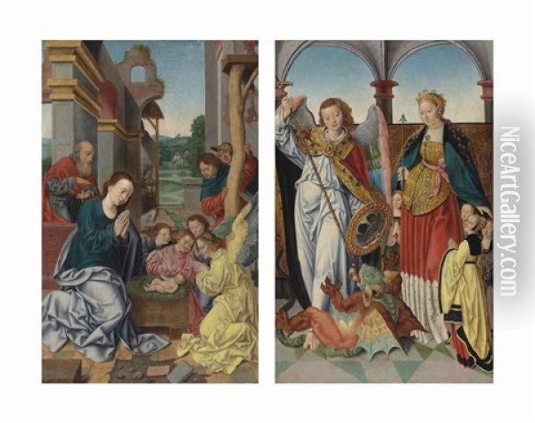The Adoration Of The Shepherds; Saints Michael And Ursula (2 Works) Oil Painting - Bartholomaeus Bruyn the Elder