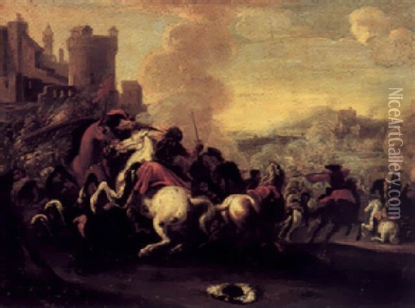 A Battle Scene Outside A Fortified Hilltop Town Oil Painting - Francesco Monti