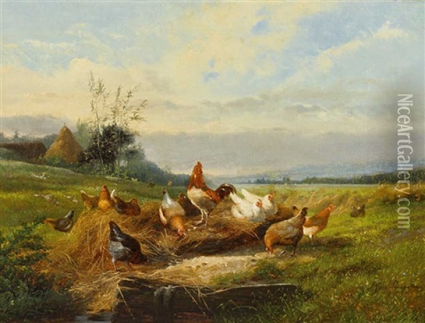 Huhnerschar Im Freien Oil Painting - Jef Louis Van Leemputten