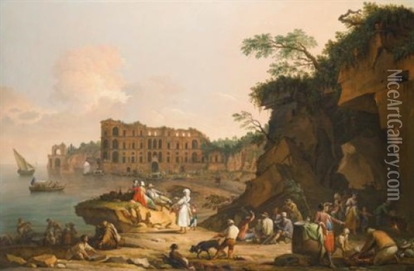 Naples, A View Of Mergellina And The Palazzo Donn'anna Beyond, With Fishermen Drawing Their Catch, Peasants Grilling Fish And Other Figures Conversing Oil Painting - Pietro Fabris