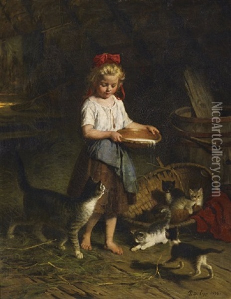 Madchen Ihre Katzen Futternd Oil Painting - Rudolf Epp