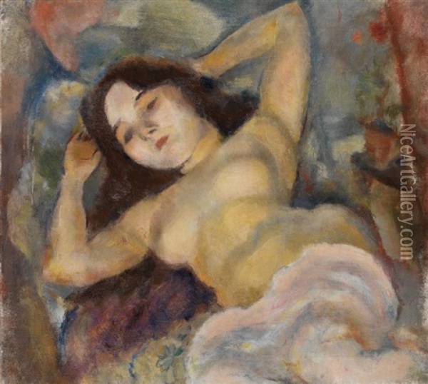 Nu Nacre Aux Bras Leves Derriere La Tete Oil Painting - Jules Pascin