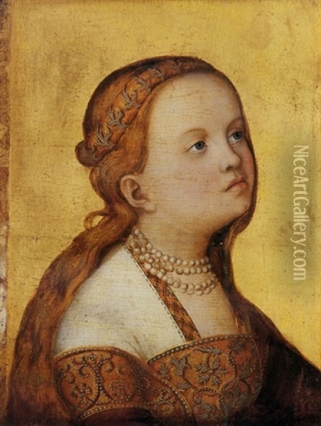 A Lady In A White Dress Decorated With Gold Trim And Seed Pearls Oil Painting - Lucas Cranach the Elder