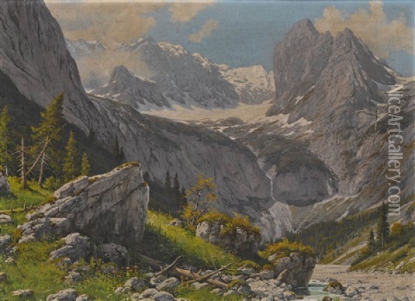 Blick Durch Das Hollental Auf Die Zugspitze Oil Painting - Rudolf (Robert) Reschreiter