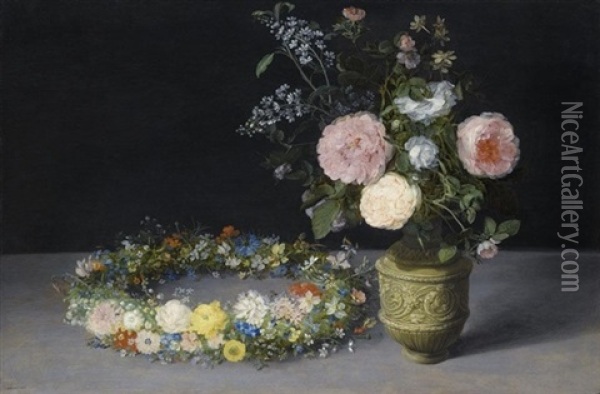 A Still Life Of Roses And Sprays Of Lilac In An Ornamental Stoneware Vase, With A Wreath Of Roses, Forget-me-nots, Jasmine, Cyclamen And Other Flowers Resting Nearby, All On A Table-top Oil Painting - Jan Brueghel the Elder