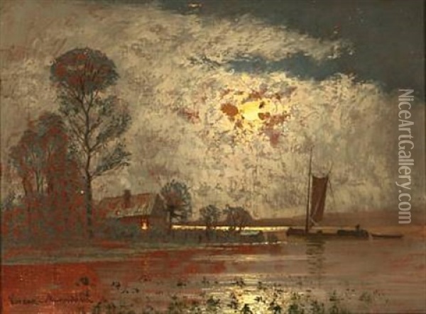 Panhandle With A House And A Boat At Dusk Oil Painting - Ernst Hugo Lorenz-Morovana