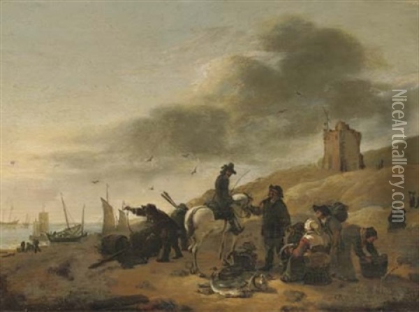 A Horseman Conversing With Fisherfolk On A Beach Oil Painting - Egbert Lievensz van der Poel