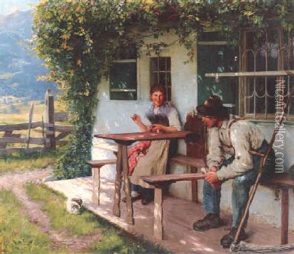 Junges Paar In Der Glyzinienpergola Oil Painting - Emil Rau