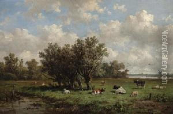 Cattle In A Summer Landscape Oil Painting - Anthonie Jacobus Van Wyngaerts