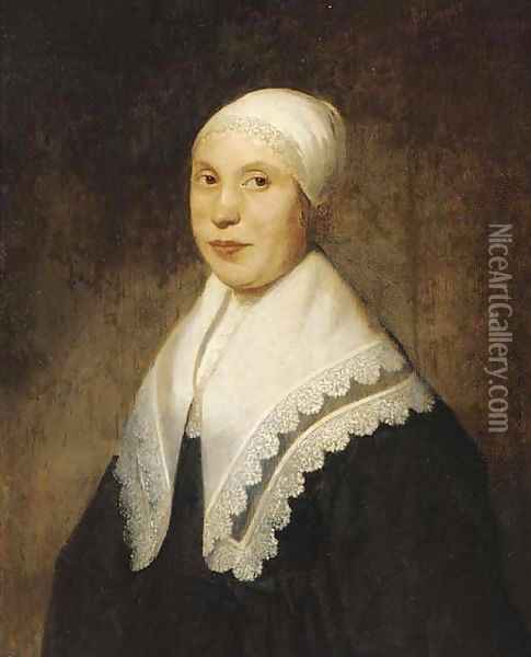 Portrait of a lady, half-length, in a white lace cap oil painting ...