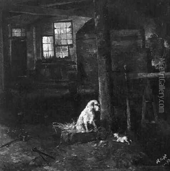 En Hund Med Sin Hvalp I Landsbysmedien Oil Painting - Hans Nikolaj Hansen