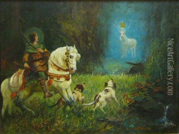 La Vision De Saint Hubert Oil Painting - H Mohker