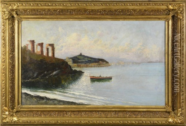 Coastal Landscape With A Boat A Ruins Oil Painting - Enrico Reycend