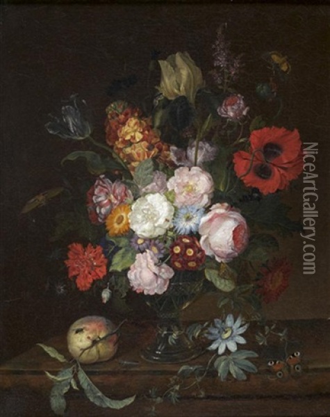 Nature Morte Au Vase De Fleurs Animee De Papillons Sur Un Entablement Oil Painting - Gerrit Johan Van Leeuwen