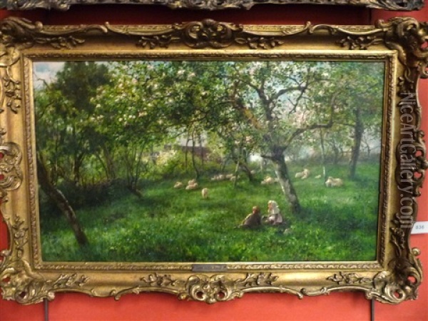Children And Lambs In An Orchard Oil Painting - James George Bingley