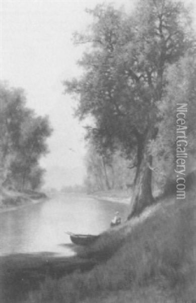 An Angler On A River Bank Oil Painting - Oscar Eschke