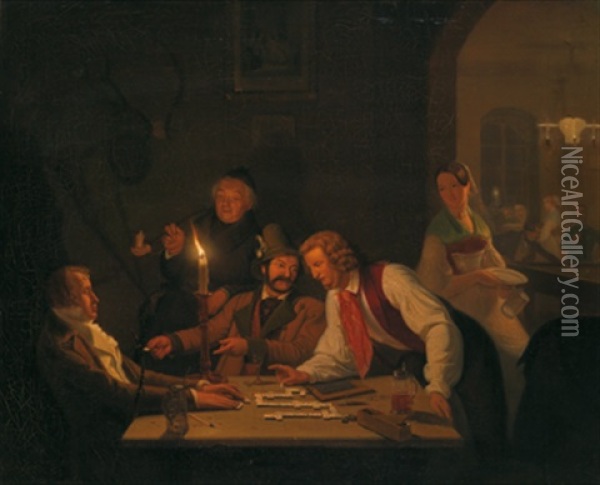 Dominospieler Im Wirtshaus Oil Painting - Friedrich Wilhelm Schon