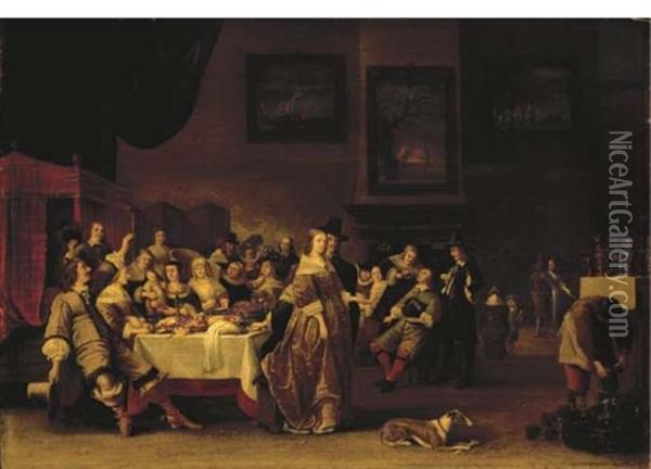 Elegant Company At A Banquet In An Interior Oil Painting - Antonie Palamedesz