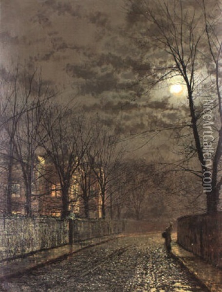 A Girl On A Moonlit Lane Oil Painting - John Atkinson Grimshaw