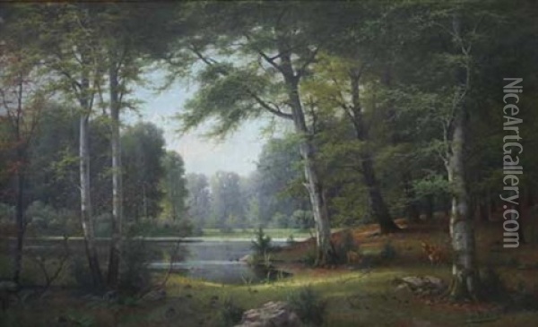 Laubwald Mit See Und Rotwild Oil Painting - Jacobus Johannes Van Poorten