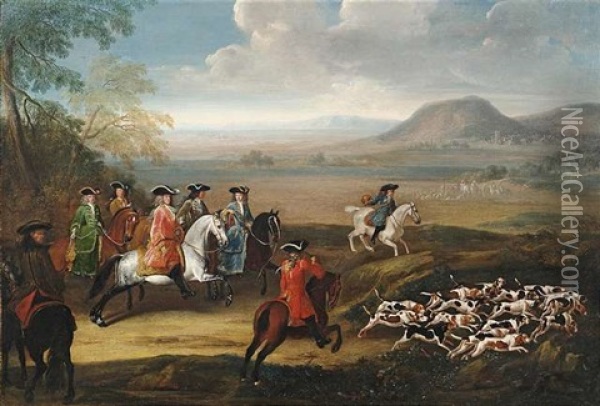 Adelige Jagdgesellschaft Mit Hundemeute Vor Weitem Landschaftshintergrund Oil Painting - Johann Georg de Hamilton