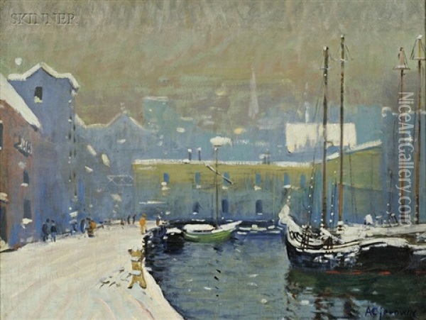Boston Wharf In Winter Oil Painting - Arthur Clifton Goodwin