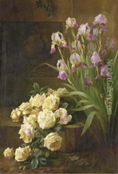Pink Roses And Irises On A Stone Ledge Oil Painting - Edward Van Rijswijck