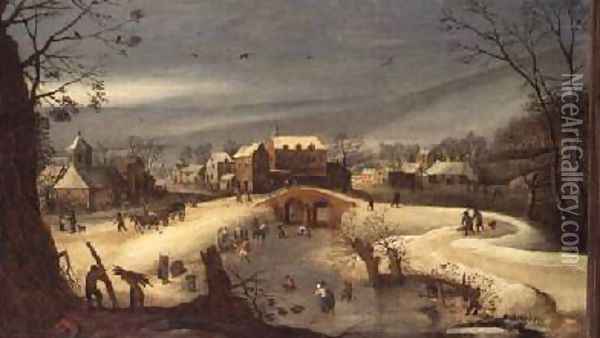 A Winter Landscape with Woodcutters Oil Painting - (follower of) Momper, Joos de