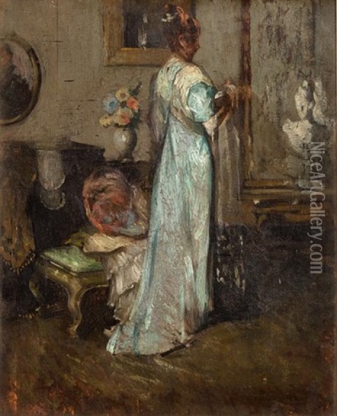Lady In Blue Oil Painting - Maurice Molarsky