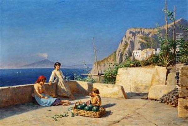 View Of Capri With Children Eating Fruit On A Terrace. In The Distance Mount Vesuvius Oil Painting - Niels Frederik Schiottz-Jensen