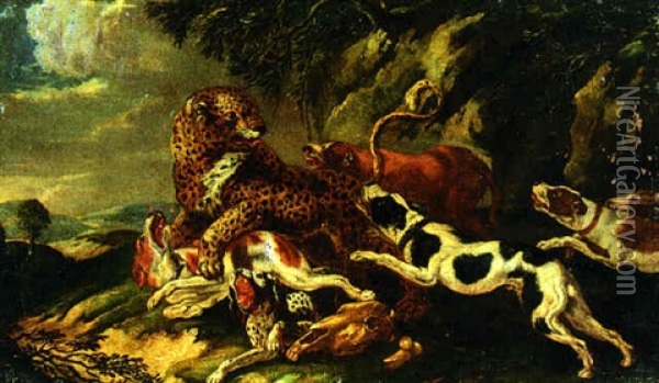 Hounds Attacking A Leopard Oil Painting - Carl Borromaus Andreas Ruthart