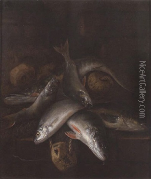 A Pike And Carp With Nets Beside A Barrel On A Brick Wall Oil Painting - Jakob Gillig