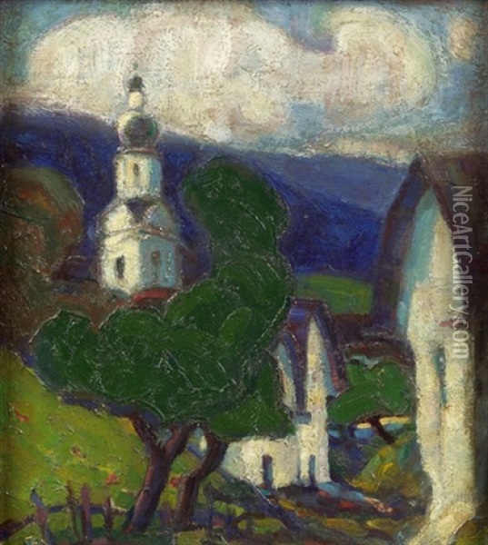 Bauernhauser Mit Kirche Oil Painting - Artur Nikodem