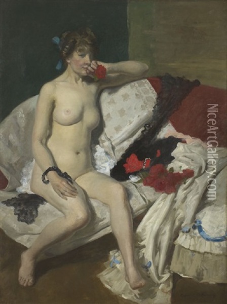Woman With Rose Oil Painting - Rupert Bunny