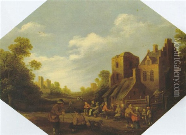 Feiernde Bauern Auf Einer Dorfstrase Oil Painting - Joost Cornelisz. Droochsloot